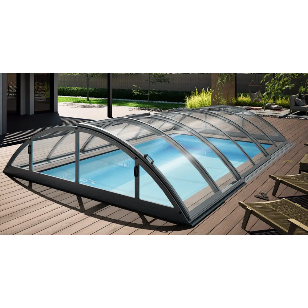 Modern Pooltak Klasik 3×4 med valvande glastak och svart metallram